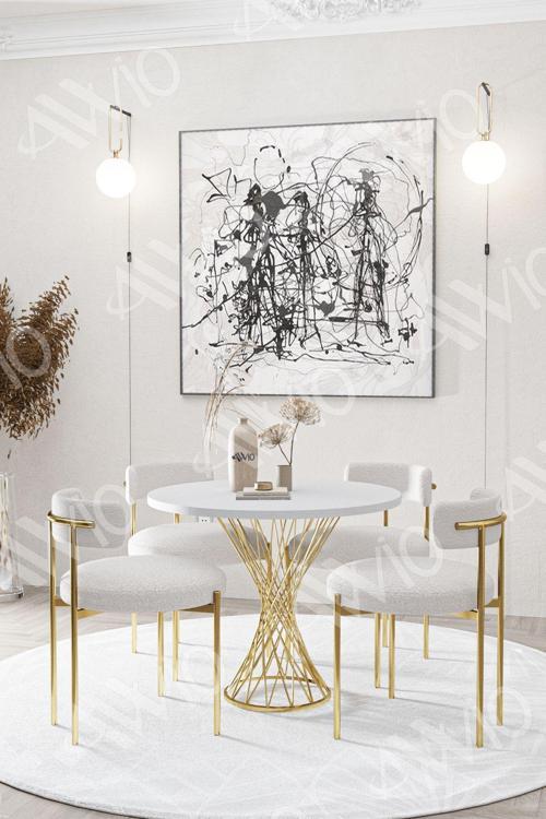 Lisa Mat Gold Teddy Sandalye Yuvarlak Yemek Masası Mutfak Masası Masa Sandalye Takımı 90x90 cm