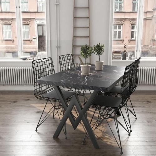 Siyah Mermer Görünümlü Masa Sandalye Takımı 4 Kişilik 80x120 cm