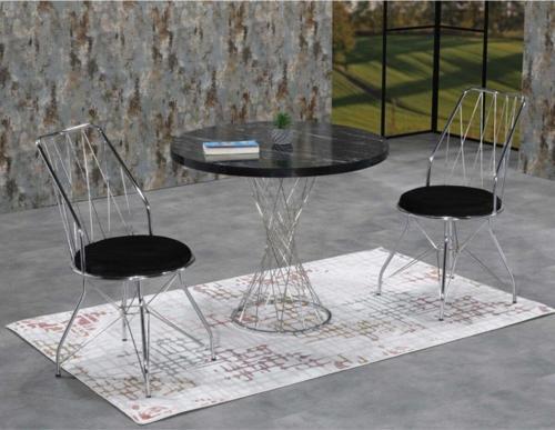 Asya 2 Kişilik Siyah Mermerli Gümüş Oval Mutfak Masası Takımı 90x90 cm