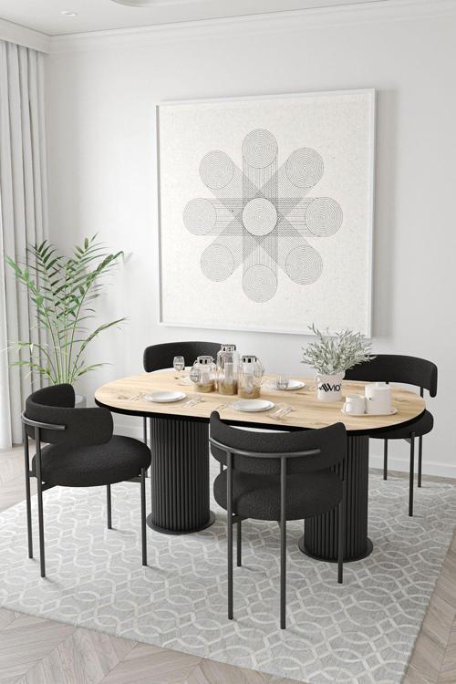 Miranda Ptt Silindir Ayak Oval Yemek Masası Mutfak Masası Masa Sandalye Takımı(Bukle Kumaş) 80x140 cm