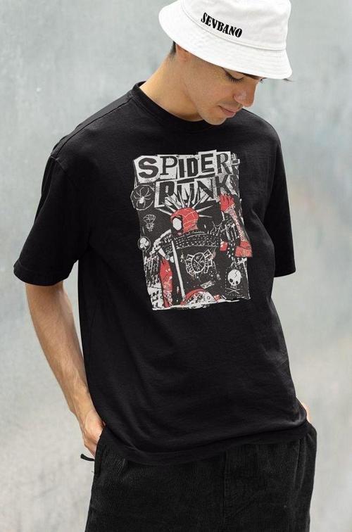 Marvel Spider Punk Baskılı Unisex Tişört, Oversize Örümcek Adam Tişört