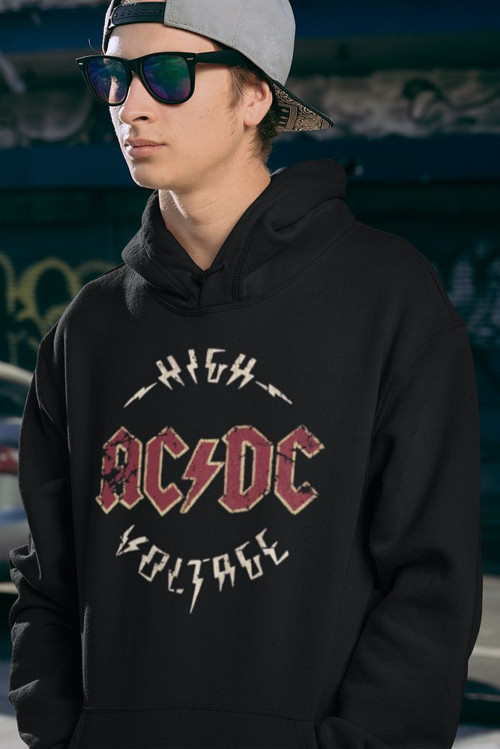 High AC DC Voltage Yazılı Unisex Oversize Rock Metal Hoodie