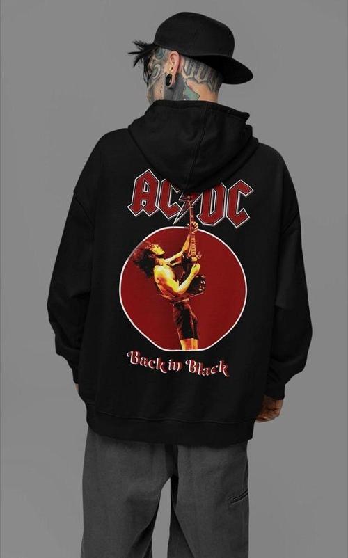 AC DC Back In Black Müzik Grubu Baskılı Unisex Oversize Tasarım Hoodie
