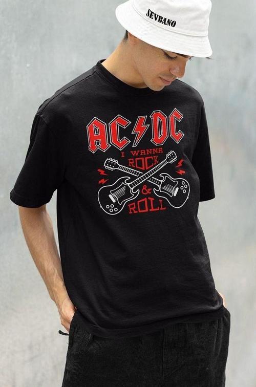 I Wanna Rock & Roll AC DC Baskılı Unisex Oversize Tişört