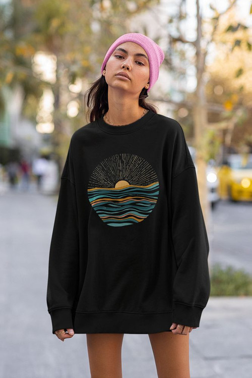 Güneş Manzara Baskılı Unisex Oversize Sweatshirt