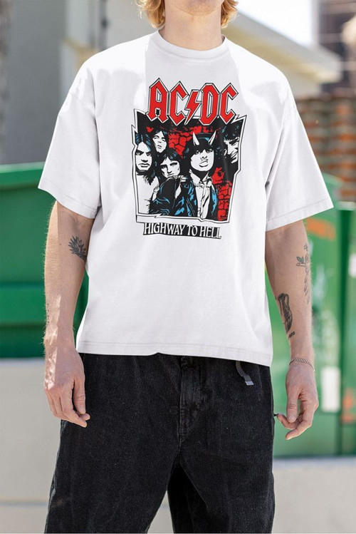 Müzik Grubu Rock Metal Highway To Hell Baskılı Unisex Tişört, Oversize AC DC Tişört
