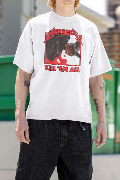 Berserk Kill 'Em All Baskılı Unisex Tasarım Tişört, Oversize Anime Tişört