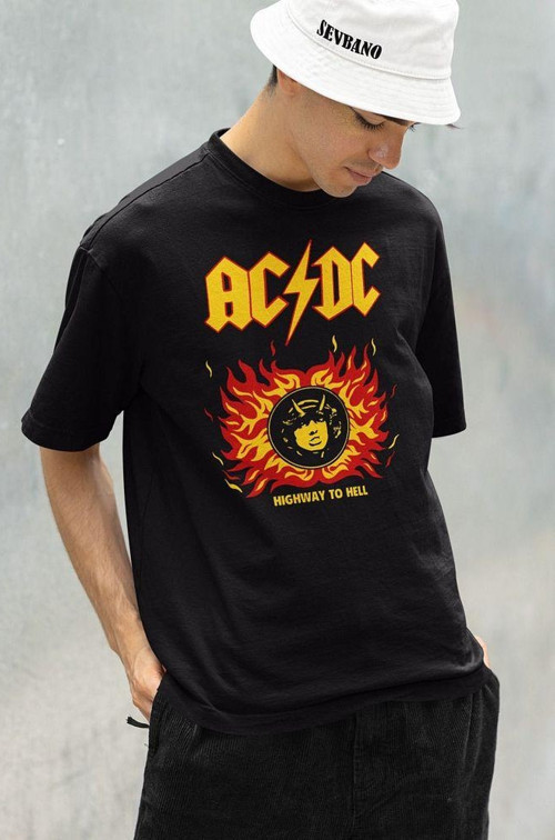 AC DC Highway To Hell Baskılı Unisex Oversize Rock Metal Tişört