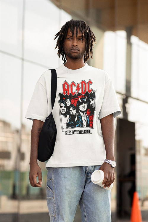 Rock Metal Müzik Grubu AC DC Baskılı Unisex Tişört, Oversize Highway To Hell Tişört