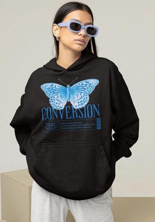 Tasarım Conversion Baskılı Unisex Oversize Kelebek Hoodie