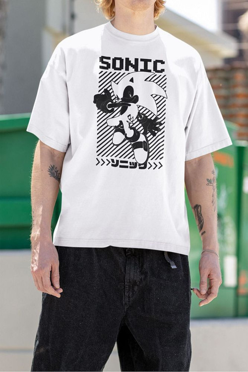 Sonic Çizgi Film Baskılı Unisex Oversize Tişört