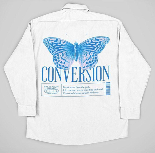 Butterfly Conversion Yazılı Unisex Kelebek Tasarım Cepli Gömlek