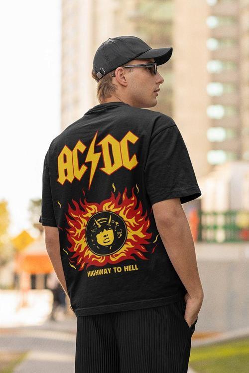 Highway To Hell AC DC Baskılı Unisex Oversize Rock Metal Müzik Grubu Tişört