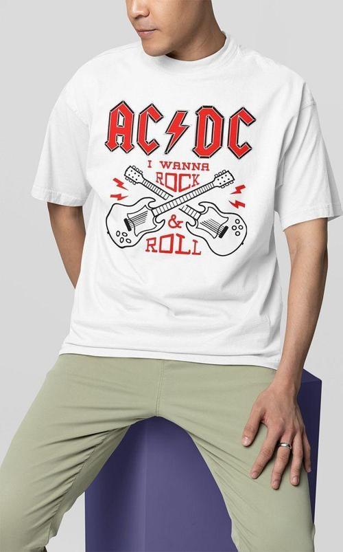 I Wanna Rock & Roll AC DC Baskılı Unisex Oversize Tişört