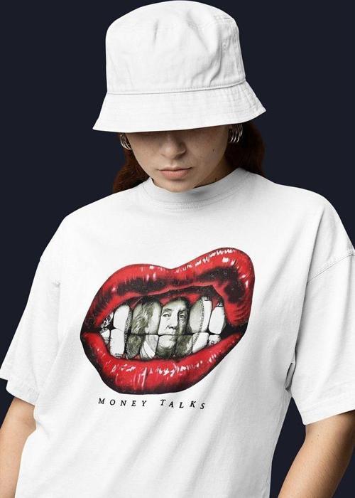 Money Talks Tasarım Baskılı Oversize Tişört, Unisex Tişört