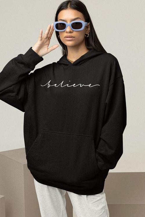 Believe Yazılı Unisex Oversize Hoodie