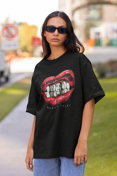 Money Talks Tasarım Baskılı Oversize Tişört, Unisex Tişört