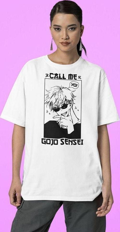 Call Me Gojo Sensei Baskılı Unisex Tişört, Oversize Anime Karakteri Tişört