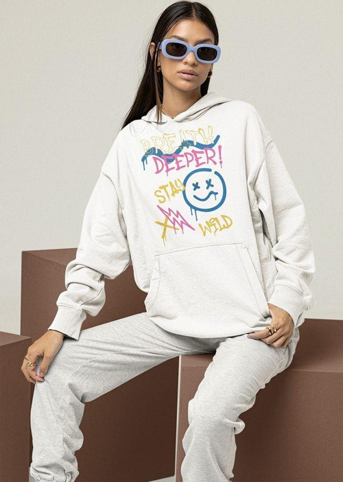 Breath Deeper Stay Wild Yazılı Unisex Oversize Grafiti Hoodie