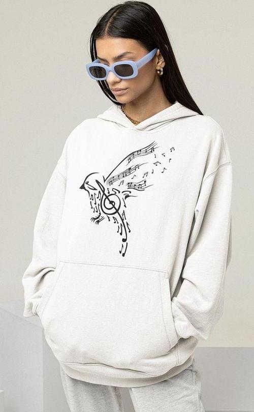 Tasarım Nota Kuş Baskılı Unisex Oversize Hoodie