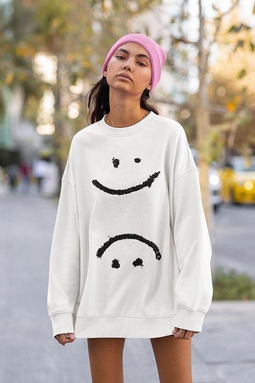 Çizgi Gülen Surat Baskılı Unisex Oversize Sweatshirt