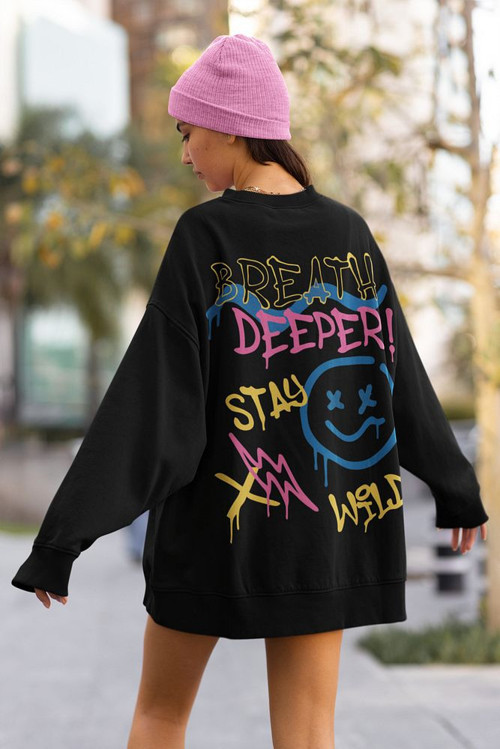 Breath Deeper Yazılı Unisex Oversize Tasarım Sweatshirt