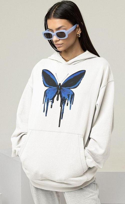Kelebek Baskılı Unisex Oversize Tasarım Hoodie