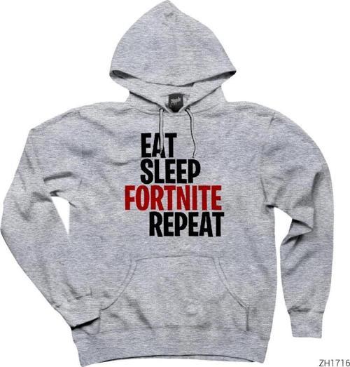 Fortnite Eat Sleep Fortnite Gri Kapşonlu Sweatshirt Hoodie