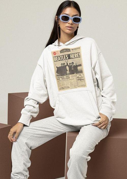 Beatles Here ! Gazete Temalı Unisex Oversize The Beatles Müzik Grubu Hoodie