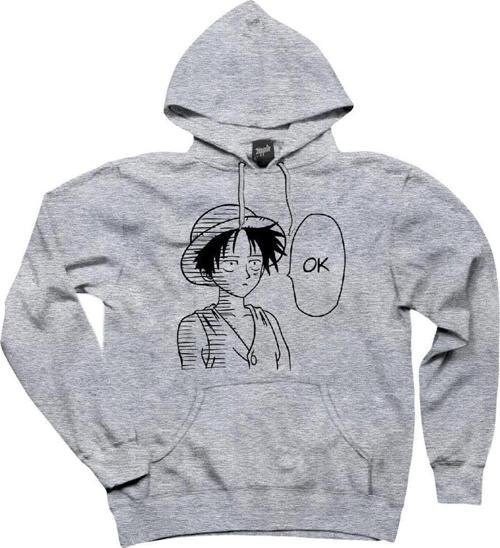 One Piece Luffy Ok Gri Kapşonlu Sweatshirt Hoodie