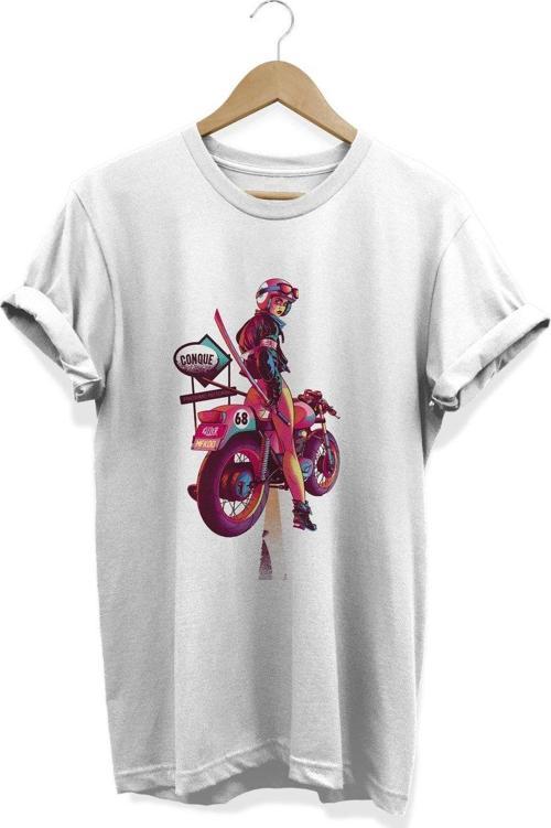 Motorcu Katanalı Kız Baskılı Beyaz T-Shirt