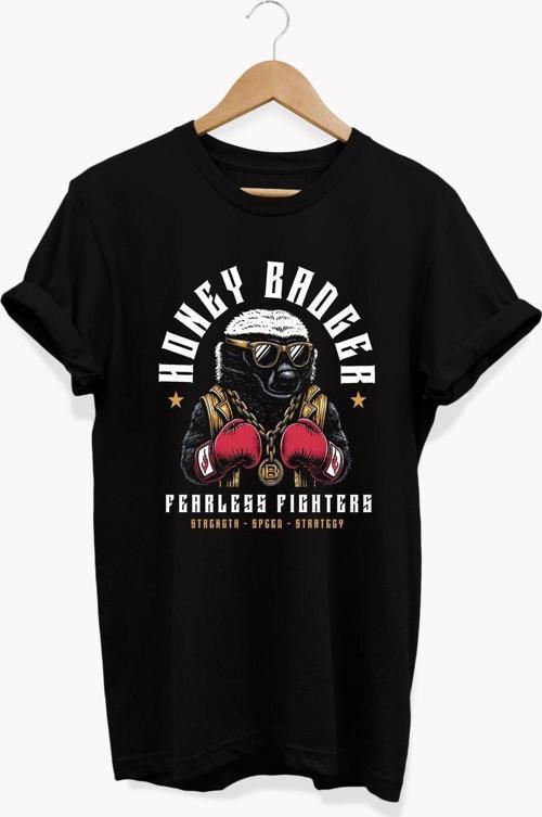 , Bal Porsuğu Baskılı, %100 Pamuk, Bisiklet Yaka, Basic T-Shirt, Normal Beden Tişört