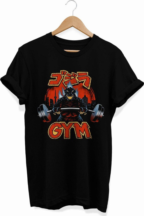 , Godzilla Gym Baskılı, %100 Pamuk, Bisiklet Yaka, Basic T-Shirt, Normal Beden Tişört