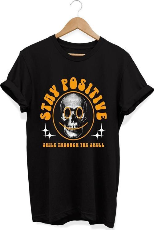 , Stay Positive Baskılı, %100 Pamuk, Bisiklet Yaka, Normal Beden Tişört, Basic T-Shirt