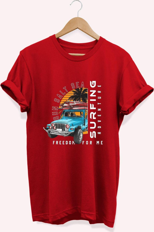 , Surf Baskılı, %100 Pamuk, Bisiklet Yaka, Normal Beden Tişört, Basic T-Shirt