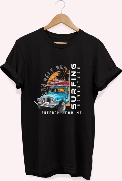 , Surf Baskılı, %100 Pamuk, Bisiklet Yaka, Normal Beden Tişört, Basic T-Shirt