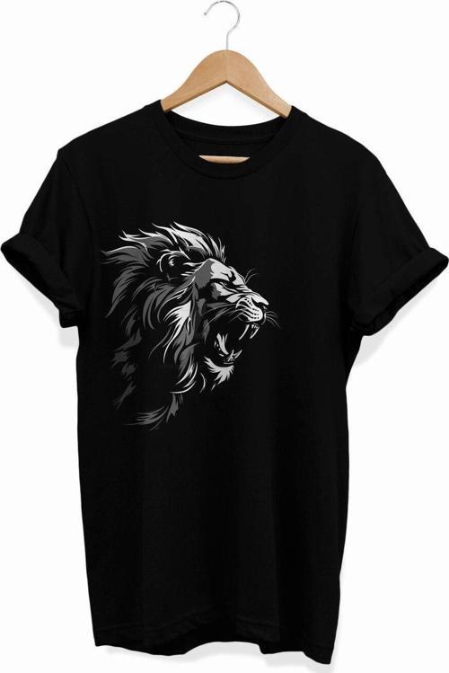 , Aslan Baskılı, %100 Pamuk, Bisiklet Yaka, Basic T-Shirt, Normal Beden Tişört
