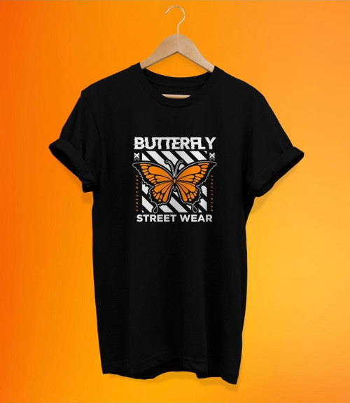 Kelebek Baskılı Siyah, %100 Pamuk Basic (Normal Beden) T-Shirt