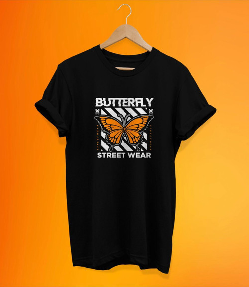 Kelebek Baskılı Siyah, %100 Pamuk Basic (Normal Beden) T-Shirt