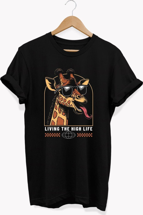 , Zürafa Baskılı, %100 Pamuk, Bisiklet Yaka, Normal Beden Tişört, Basic T-Shirt