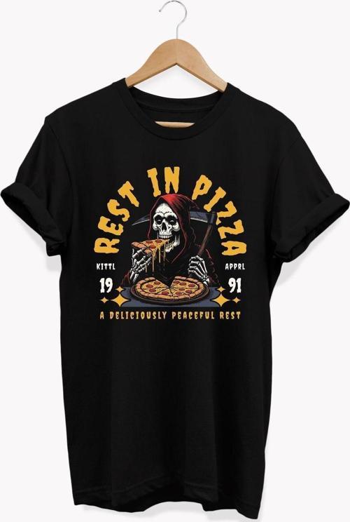 , Rest In Pizza Baskılı, %100 Pamuk, Bisiklet Yaka, Normal Beden Tişört, Basic T-Shirt