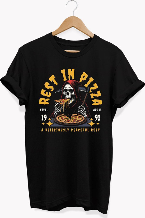 , Rest In Pizza Baskılı, %100 Pamuk, Bisiklet Yaka, Normal Beden Tişört, Basic T-Shirt