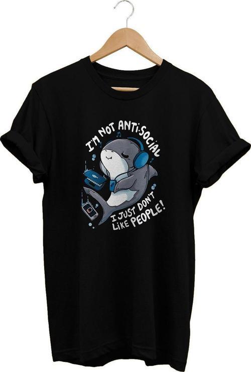 Antisosyal Yunus Baskılı Siyah, %100 Pamuk Basic (Normal Beden) T-Shirt