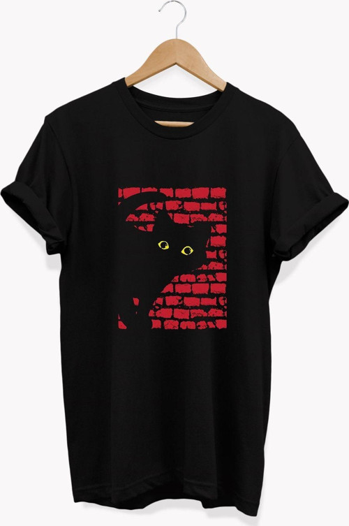 , Kedi Baskılı, %100 Pamuk, Bisiklet Yaka, Basic T-Shirt, Normal Beden Tişört
