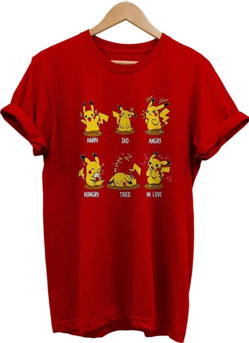 Pikachu Duygu Durumları Baskılı %100 Pamuk Basic T-Shirt Normal Beden Tişört