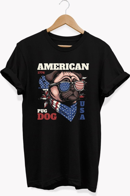 , American Pug Baskılı, %100 Pamuk, Bisiklet Yaka, Normal Beden Tişört, Basic T-Shirt