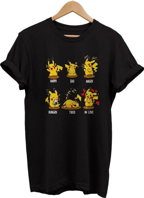 Pikachu Duygu Durumları Baskılı %100 Pamuk Basic T-Shirt Normal Beden Tişört