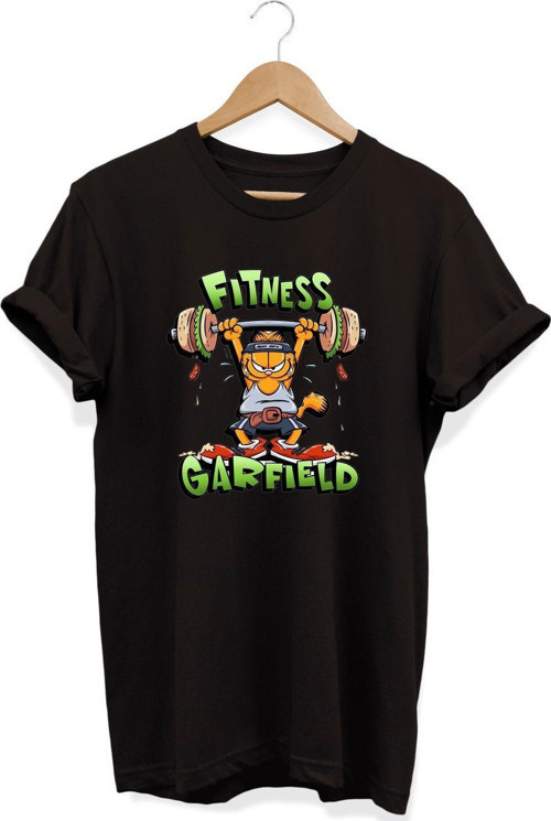 , Garfield Gym Baskılı, %100 Pamuk, Bisiklet Yaka, Basic T-Shirt, Normal Beden Tişört