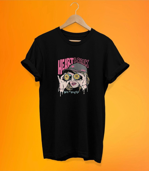 Heart Break Baskılı Siyah, %100 Pamuk Basic (Normal Beden) T-Shirt