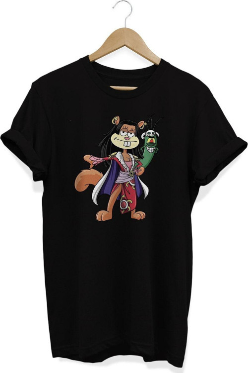 Sünger Bob One Piece Boa Hancock Baskılı Siyah T-Shirt